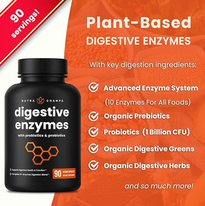 NutraChamps Digestive Enzymes with Probiotics and Prebiotics for Women & Men - 90 Vegan Capsules with Bromelain for Bloating & Optimal Gut Health