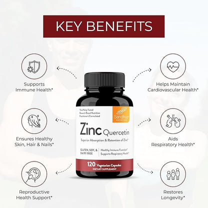 Sandhu's Zinc with Quercetin Capsules for Men & Women | Supports Immunity, Bone Health and Quality Sleep | 120 Count