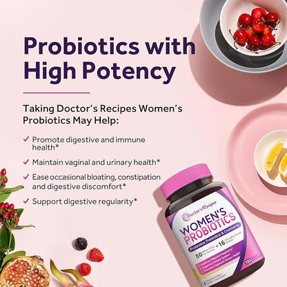 Doctor's Recipes Women’s Probiotic, 120 Caps 50 Billion CFU 16 Strains, with Organic Cranberry, Digestive Immune Vaginal & Urinary Health, Shelf Stable, Delayed Release, No Soy Gluten Dairy