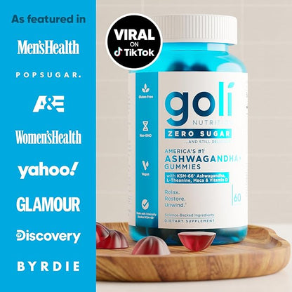 Goli Zero Sugar Ashwagandha & Vitamin D, Maca, L-Theanine Gummies, No Artificial Sweeteners, No Sugar Alcohols. Mixed Berry, KSM-66, Vegan, Plant Based, Non-GMO, Gluten-Free & Gelatin Free. (3)