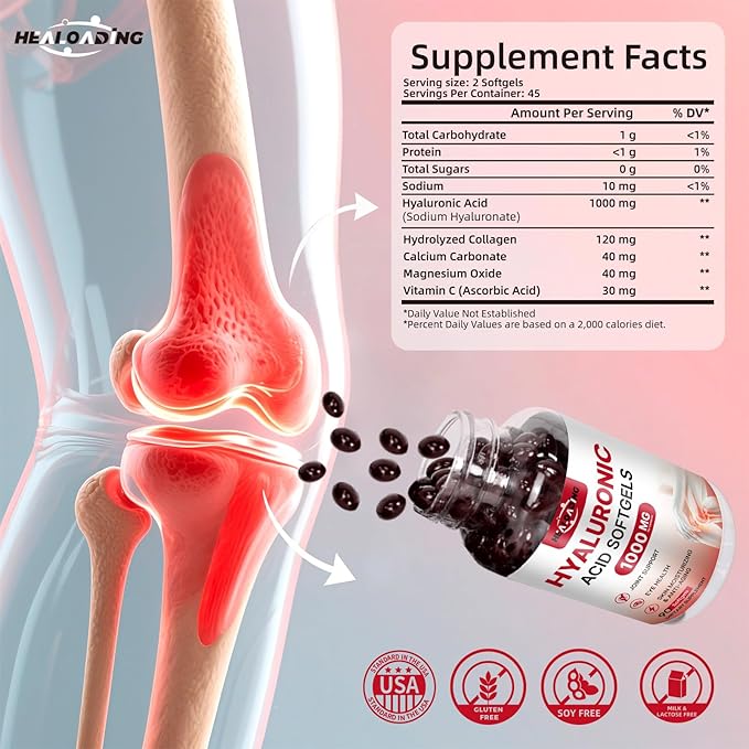 Hyaluronic Acid Supplements 1000mg Softgels: Joint Supplements for Men Hyaluronic Acid for Skin & Joint Hydration Non-GMO and Gluten Free