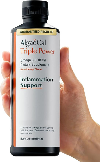 ALGAECAL Triple Power 1200mg EPA & DHA Omega 3 Fish Oil Supplement, Supporting Brain, Heart, Skin & Bones, Liquid Emulsion Mango Taste, Burp-Less, Sugar-Free, Made in USA