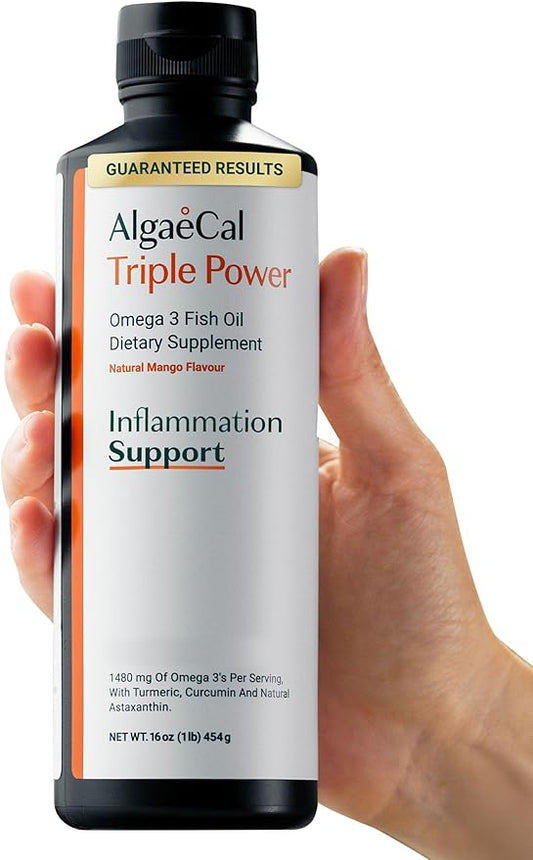 ALGAECAL Triple Power 1200mg EPA & DHA Omega 3 Fish Oil Supplement, Supporting Brain, Heart, Skin & Bones, Liquid Emulsion Mango Taste, Burp-Less, Sugar-Free, Made in USA