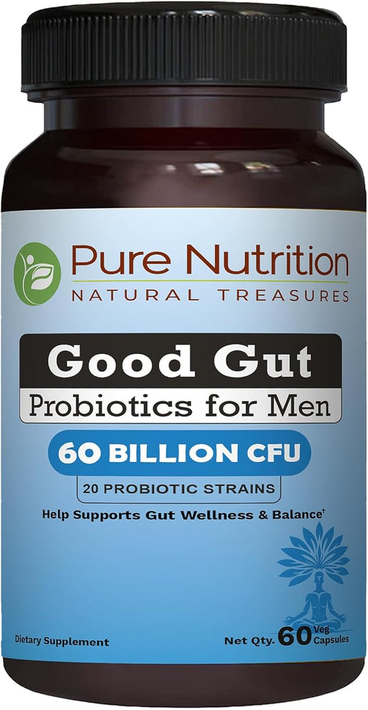 Pure Nutrition Good Gut Men's Probiotics 60 Billion CFU, 20 Strains | 60 Caps | Probiotics for Men with Organic Prebiotic Blend | Once Daily | Non GMO | Gluten Free