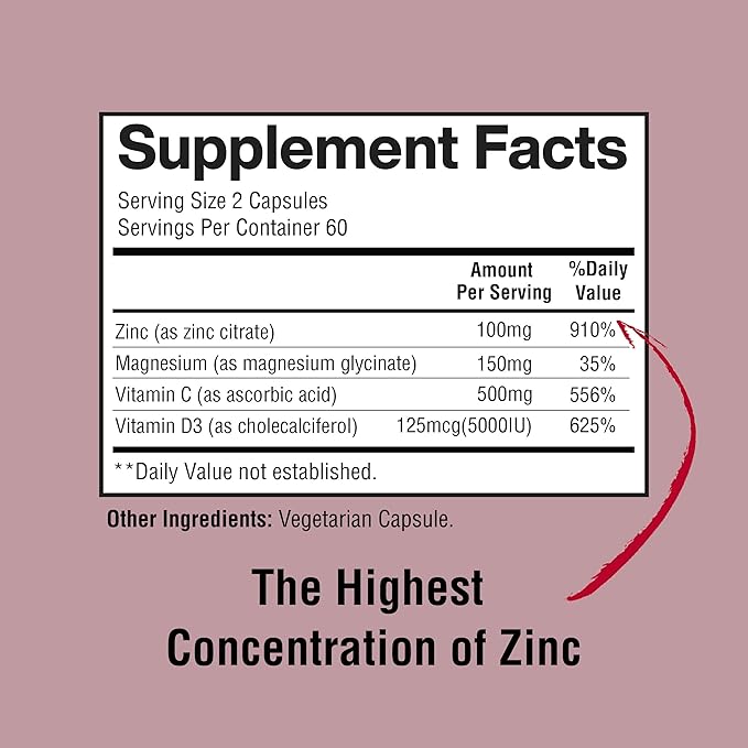 Zinc, Zinc 100mg, Magnesium Glycinate 150mg, Vitamin D3 5000 IU, Vitamin C 500mg Per Serving, Immune Support, Immune Booster, Zinc Magnesium, Elemental Zinc, Antioxidant Support