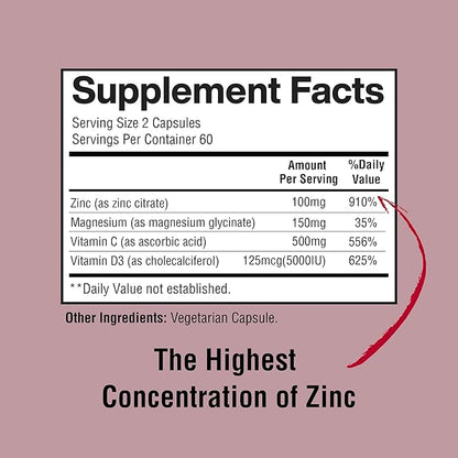 Zinc, Zinc 100mg, Magnesium Glycinate 150mg, Vitamin D3 5000 IU, Vitamin C 500mg Per Serving, Immune Support, Immune Booster, Zinc Magnesium, Elemental Zinc, Antioxidant Support