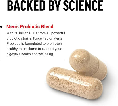 FORCE FACTOR Men’s Probiotic, Probiotics for Digestive Health with 50 Billion CFUs and 10 Probiotic Strains to Support Gut and Colon Health, and Daily Wellness, Non-GMO, Vegan, 30 Vegetable Capsules
