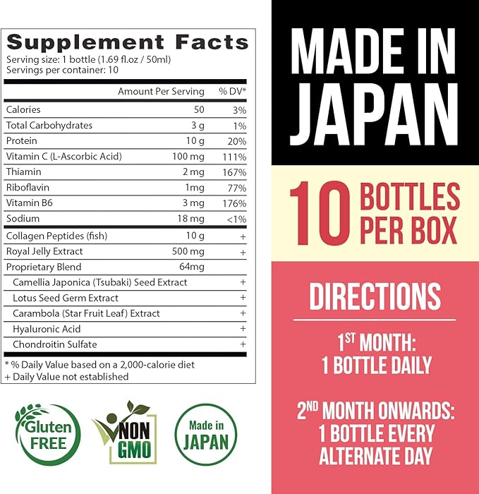AFC Japan Tsubaki Ageless Beauty Collagen Drink from Japan with 10,000mg Marine Collagen Peptides + 500mg Royal Jelly + Hyaluronic Acid + Vitamin Bs & C for Skin Revitalization 1.69fl.ozx10sx3