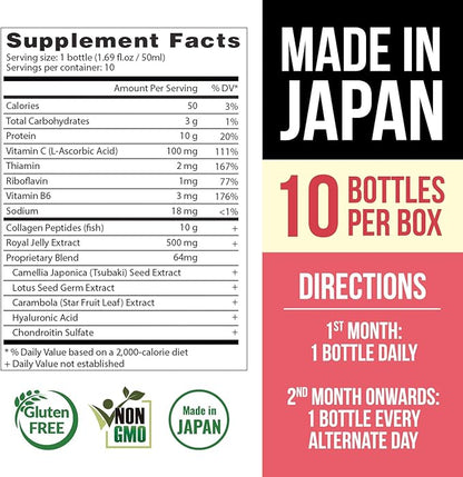 AFC Japan Tsubaki Ageless Beauty Collagen Drink from Japan with 10,000mg Marine Collagen Peptides + 500mg Royal Jelly + Hyaluronic Acid + Vitamin Bs & C for Skin Revitalization 1.69fl.ozx10sx3