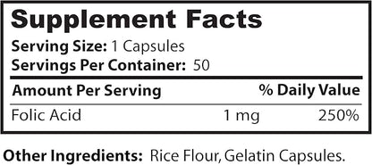 Dr. Clark Folic Acid (Vitamin B9) Supplement – 1mg, 50 Gelatin Capsules, Essential B Vitamin for Daily Health