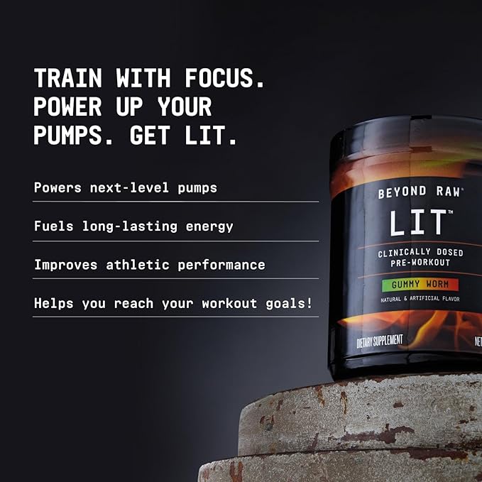 Beyond Raw LIT Pre-Workout Powder Supplement, Jolly Rancher Cherry, Energy, Focus, Endurance, Pumps, Nitric Oxide Boost, 250mg Caffeine, Creatine, Beta Alanine, 30 Servings
