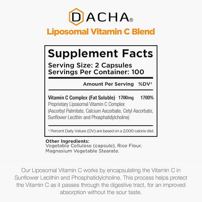 DACHA Natural Liposomal Vitamin C - 1700mg, 200 Capsules, Immune System & Collagen Booster, High Absorption Fat Soluble VIT C, Buffered, Skin Vitamins, Vegeterian, Vegan