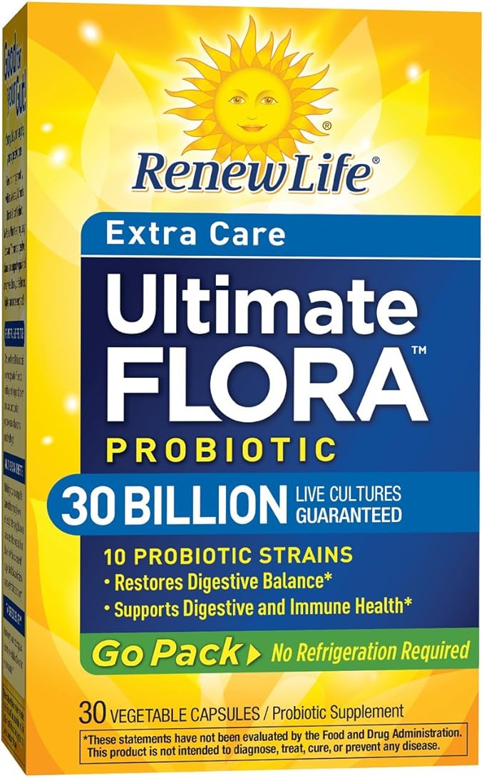 Renew Life Adult Probiotic - Ultimate Flora Probiotic Extra Care Go Pack, Shelf Stable Probiotic Supplement - 30 billion - 30 Vegetable Capsules (Packaging May Vary)