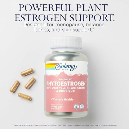 SOLARAY PhytoEstrogen Menopause Supplements - Wild Yam, Black Cohosh, and Dong Quai Estrogen Pills for Women's Health - Vegan, Lab Verified, 60-Day Guarantee (30 Servings, 120 VegCaps)