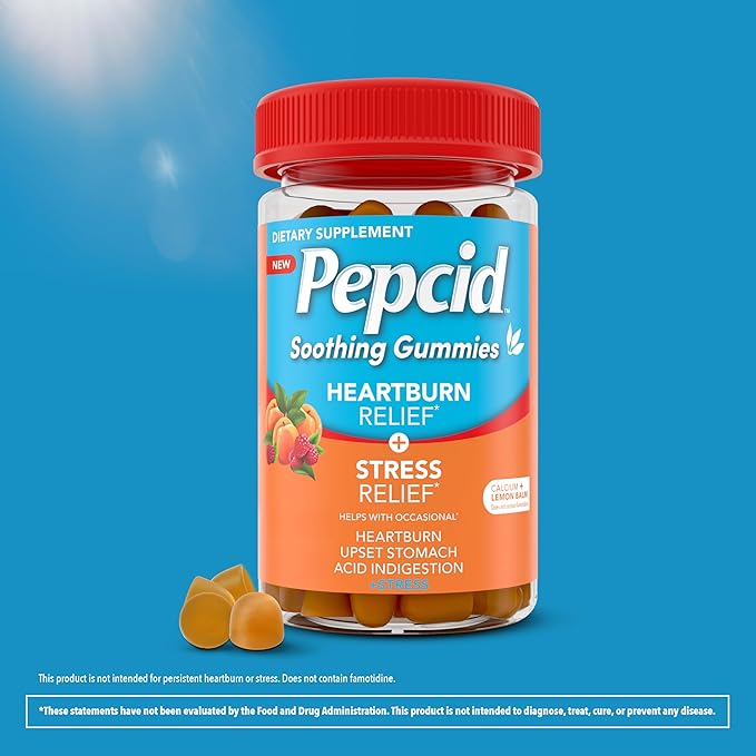 Pepcid Soothing Gummies, Heartburn Relief + Stress Relief Gummies Help with Occasional Heartburn, Upset Stomach, Acid Indigestion, & Stress, Tricalcium Phosphate, Peach-Raspberry, 32 ct