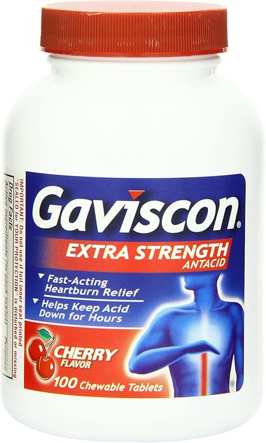 GoodSense Omeprazole Tablets 20 mg 14 Count (3 Pack) and Gaviscon Extra Strength Cherry Chewable Tablets Heartburn Relief 100 Count