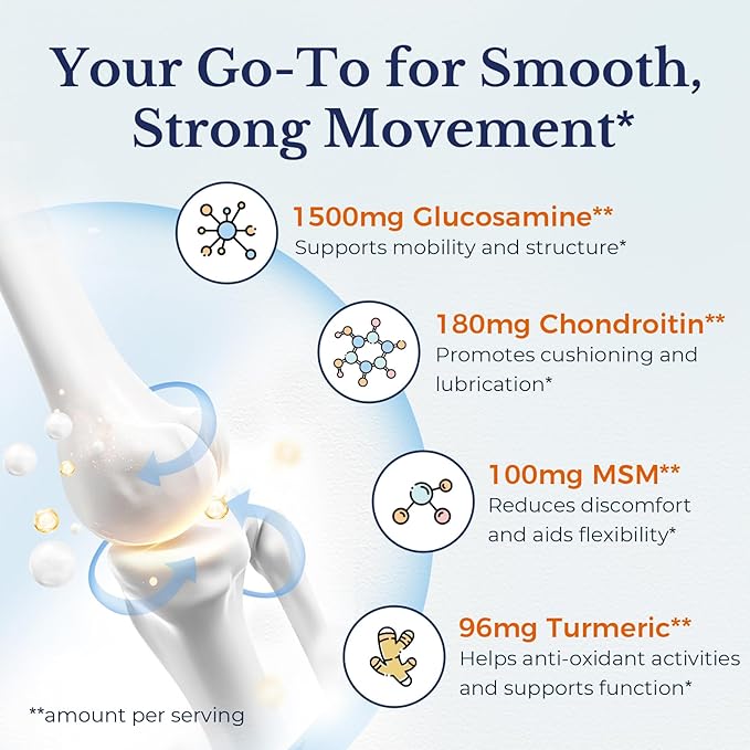 Vitalitown Glucosamine Chondroitin MSM, Turmeric, Collagen, Hyaluronic Acid, Boswellia, Quercetin, 11-in-1 Formula, Glucosamine Sulfate 1500 mg, No Shellfish, Flexibility & Comfort, 240 Caps