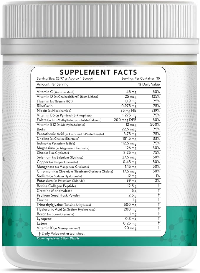 Collagen Peptides + Creatine Monohydrate + Psyllium Husk + Taurine + TMG + Hyaluronic Acid + MultiVitamin & Mineral (30 Servings, Unflavored)