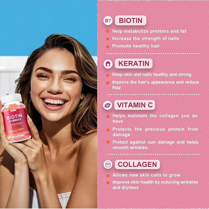 Biotin 10000mcg Keratin Collagen Gummies Supplements Hair Skin and Nails Vitamins Gummies Daily Hair Nail Growth & Strengthener Gummies for Women Vegan Biotin and Vitamin C Gummy 60 Count