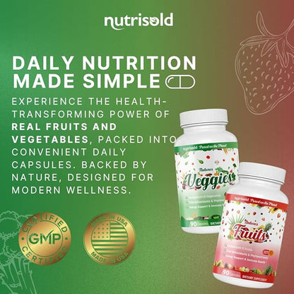 Whole Food Fruits & Vegetables Supplement – Superfood Blend for Energy, Digestion & Immune Support – 90 Fruit & 90 Veggie Capsules – Made in USA
