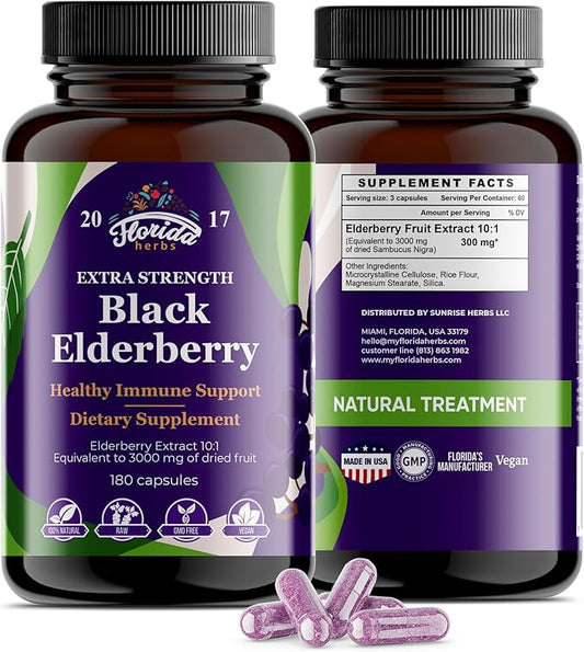 Black Elderberry Capsules | 180 Count | Sambucus Elderberry Vitamins, Non-GMO, Gluten Free, Organic Elderberry Extract Sambucus Nigra