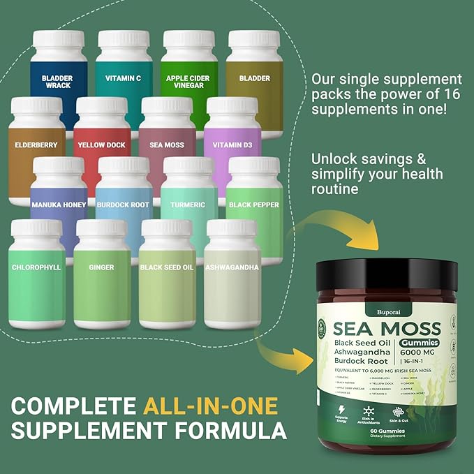 Sea Moss Gummies 16-1, Black Seed Oil Ashwagandha Turmeric Bladder Wrack Vitamin C Vitamin D3 Elderberry Manuka Dandelion Yellow Dock Apple Cider Vinegar for Men & Women