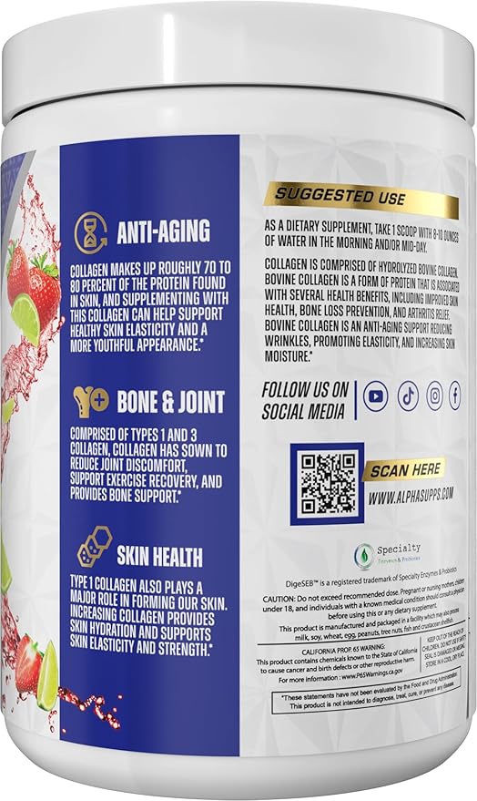 Premium Hydrolyzed Collagen Protein Powder - Collagen Peptides Supplement for Men & Women with Digestive Enzymes - 30 Servings (Strawberry Lime)