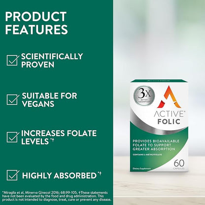 Active Folic 400mcg, Folic Acid Supplement for Pregnancy, 60 Capsules, Helps Fight Tiredness, Fatigue, Highly Absorbed, L-Methylfolate, Vegan, 2 Month Supply