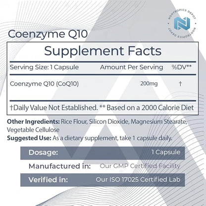 Nootropics Depot CoEnzyme Q10 Capsules | 200mg | Ubiquinone | 180 Count | Energy, Cognitive & Cellular Function