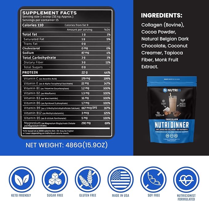 NutriDinner by Nutrillermo | Grass-Fed Collagen Protein Powder | Magnesium, B-Vitamins & Monk Fruit | Sleep, Recovery, and Wellness Supplement |