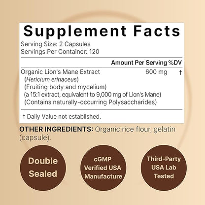 Lions Mane Mushroom Supplement Capsules 9,000mg, 240 Capsules | 120 Days Supply – Made with Organic Lion’s Mane Powder Extract – Cognitive Brain Nootropic & Immune Health Support – Non-GMO