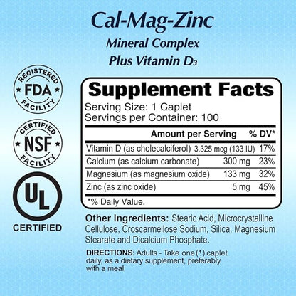 ALFA VITAMINS Calcium, Magnesium, Zinc Plus Vitamin D3, Supports Bone Health, Immune Function & Energy Production, 300mg Calcium, 133mg Magnesium, 5mg Zinc, 133 IU Vitamin D3, 100 Tablets