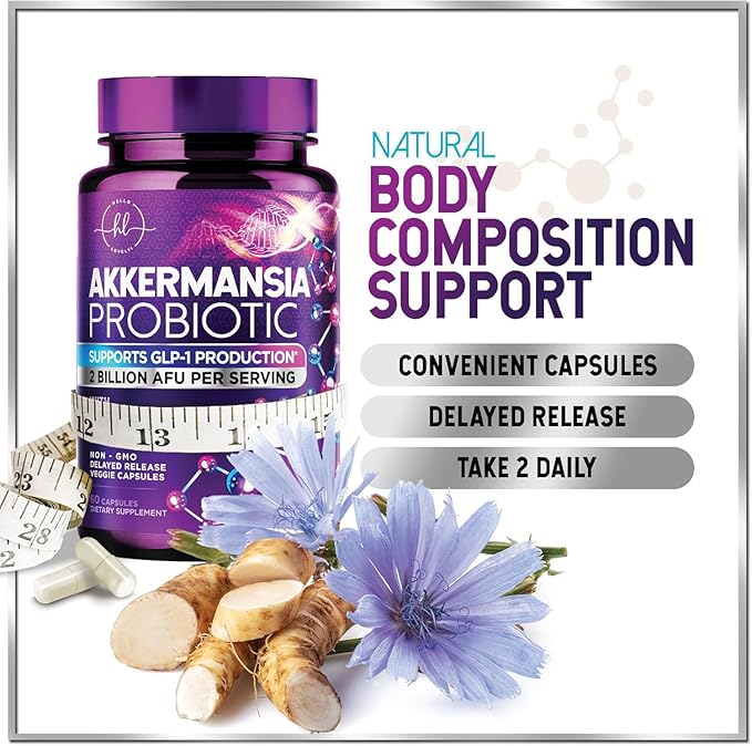 Akkermansia Probiotic GLP-1 Supplement with Prebiotic Fiber - Akkermansia Muciniphila Supports GLP1 Production - Digestive & Gut Health Support - 2 Billion AFU, Delayed Release - 60 Capsules