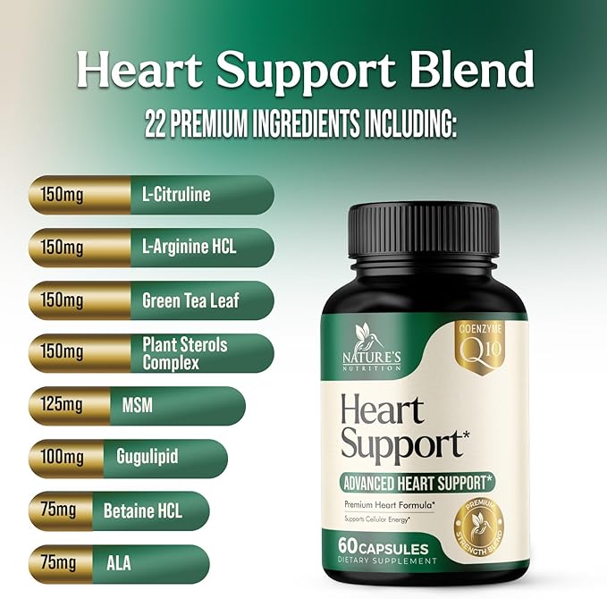 Heart Health Supplements 1650mg - CoQ10 and Antioxidants for Heart Health Support with Hawthorn, Plant Sterols & More Vitamins to Support Nitric Oxide & Energy Production, Non-GMO - 60 Capsules