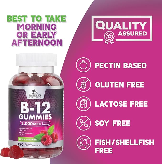 B12 Gummies for Adults, Extra Strength Energy 3000 mcg - B-12 Energy Metabolism & Immune System Support - Chewable Dietary Supplement for Adults & Kids Caffeine Free Gummy Vitamin - 120 Gummies