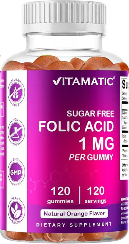 Vitamatic Folic Acid Gummies 1000 mcg (1 mg) – Essential Prenatal Vitamin B9 for Mom & Baby – 120 Vegan Gummies per Bottle – 2 Pack