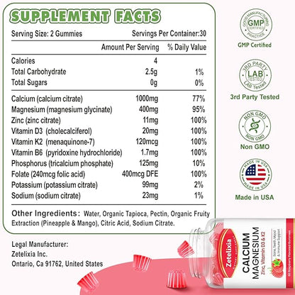 Calcium Magnesium Zinc Gummies with Vitamin D3 & K2, Calcium Gummies for B0nes Muscles, Women & Men, Raspberry Flavor - 60 Count
