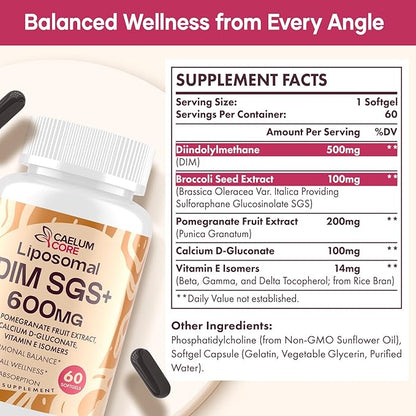 Liposomal DIM SGS Supplement - Hormone Supplement for Women & Men, Estrogen Supplements Contains Sulforaphane Glucosinolate, Vitamin E, Pomegranate Fruit - Support Detox and Antioxidant (1 Pack)