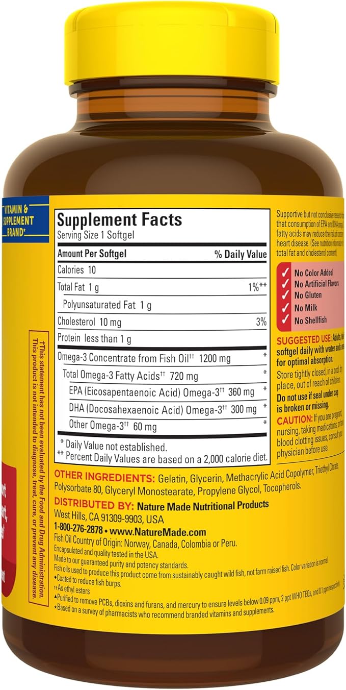 Nature Made Burp Less Omega 3 Fish Oil Supplements, 1200mg, EPA DHA Omega 3 Supplement as Ethyl Esters, Fish Oil Softgels for Healthy Heart, Brain and Eyes Support, One Per Day, 120 Softgels