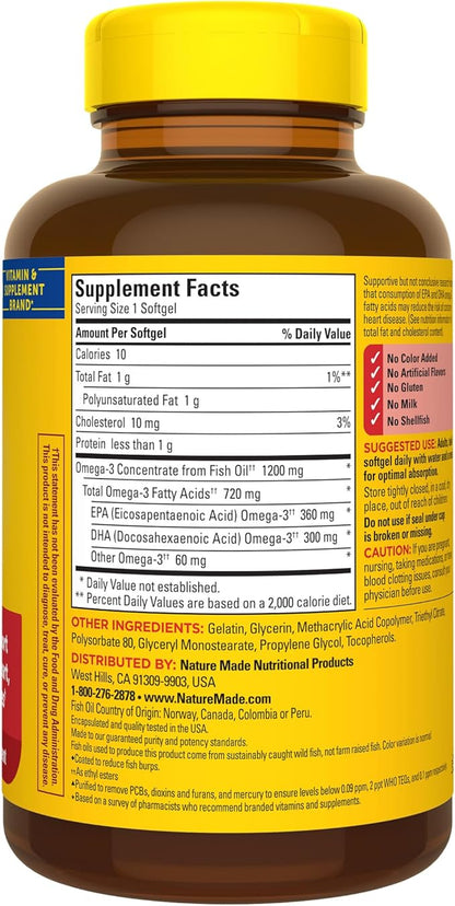 Nature Made Burp Less Omega 3 Fish Oil Supplements, 1200mg, EPA DHA Omega 3 Supplement as Ethyl Esters, Fish Oil Softgels for Healthy Heart, Brain and Eyes Support, One Per Day, 120 Softgels