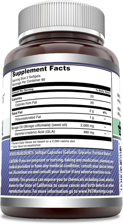 Amazing Formulas Borage Oil Supplement | 2000 Mg Per Serving | Softgels | Non-GMO | Gluten-Free | Made in USA (180 Count, 1 Pack)