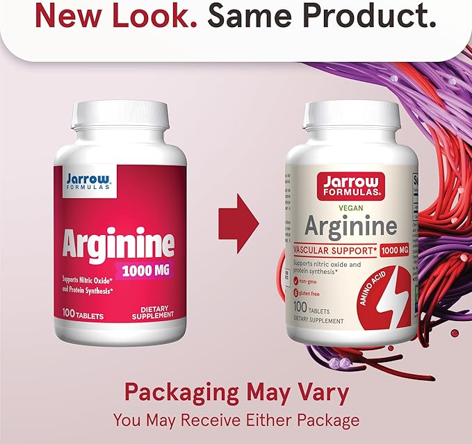 Jarrow Formulas Arginine 1000 mg, Dietary Supplement, Supports Nitric Oxide Production, Supports Protein Synthesis, 100 Tablets, Up to 100 Day Supply