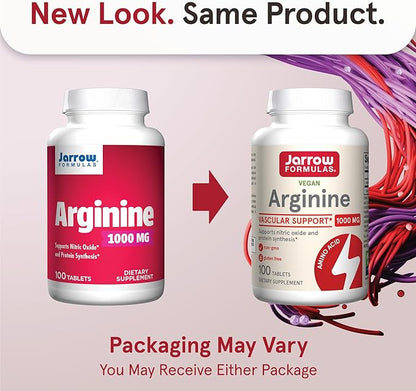 Jarrow Formulas Arginine 1000 mg, Dietary Supplement, Supports Nitric Oxide Production, Supports Protein Synthesis, 100 Tablets, Up to 100 Day Supply
