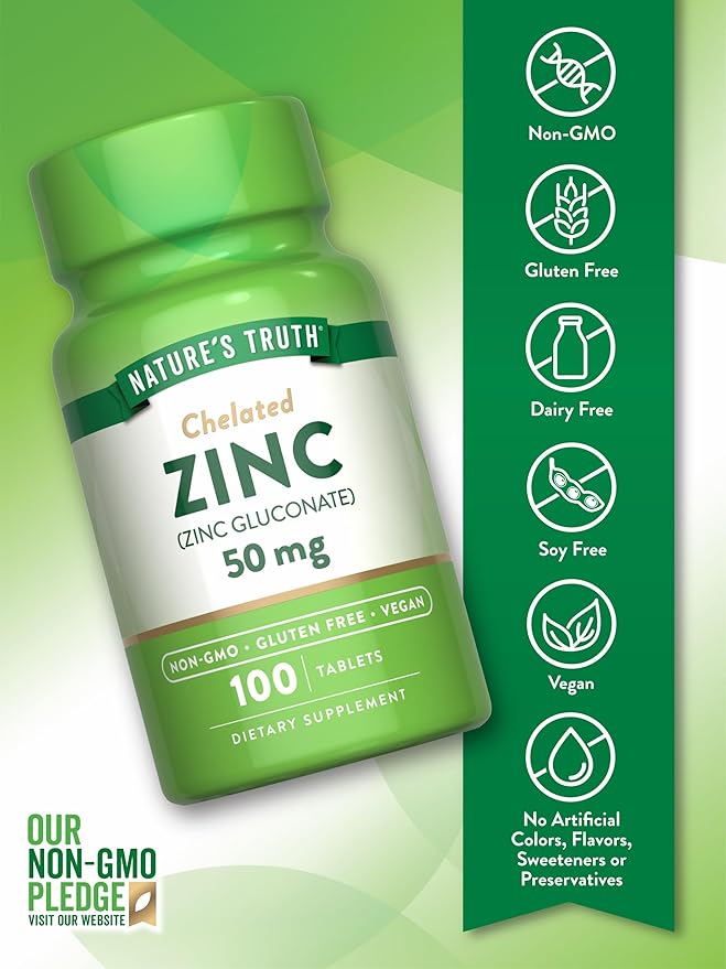 Nature's Truth Chelated Zinc 50mg | 100 Tablets | Essential Mineral Supplement | from Zinc Gluconate | Vegan, Non-GMO & Gluten Free