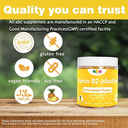 Vitamin B2 Gummies Riboflavin 400mg for Wen & Kids b2 Vitamins Chewable Gummies for Adults Supplement with B Complex Nervous System Support,Vegan,Sugar-Free,Pineapple Flavor, 60 Count