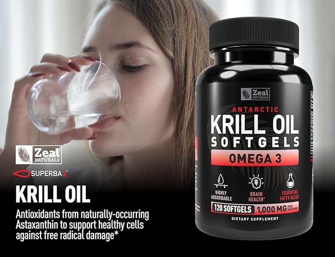 Antarctic Krill Oil 1000mg (120 Softgels) Omega 3 Krill Oil Supplement with EPA, DHA & Astaxanthin - Omega 3 Fish Oil for Joint, Brain, and, Heart Support for Men and Women