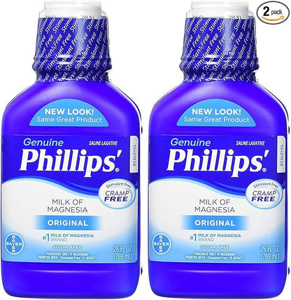 Phillips' Milk of Magnesia Liquid Laxative, 26 oz (Pack of 2) Cramp Free & Gentle Overnight Relief Of Occasional Constipation, #1 Milk of Magnesia Brand