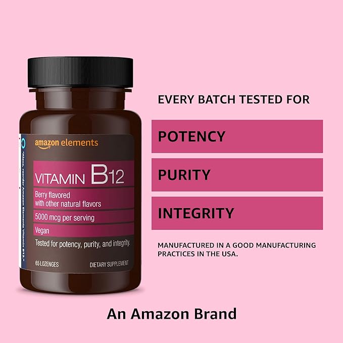 Amazon Elements Vitamin B12 Methylcobalamin 5000 mcg - Normal Energy Production and Metabolism, Immune System Support - 2 Month Supply, Berry Flavored Lozenges, 65 Count (Pack of 2)