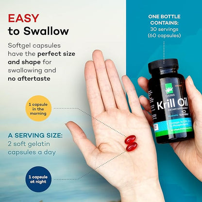 Daiwa Krill Oil 1000mg Softgels - EPA DHA Krill Oil Omega 3 6 9 with Astaxanthin for Joint, Brain and Heart Health - Antarctic Krill Oil Supplement - 60/ct