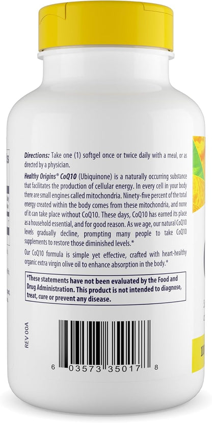 Healthy Origins® CoQ10 100 mg – Natural Trans-Isomer Ubiquinone – Yeast Fermented, Supports Heart Health & Cellular Energy – Non-GMO 300 Softgels